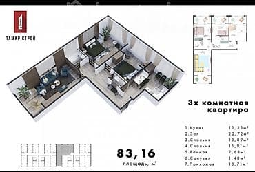 pro group: 3 комнаты, 83 м², Технопарк Элитка, 8 этаж, ПСО (под самоотделку) — 2