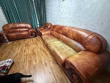 кожаная мягкая мебель: Комплект мягкой мебели, Б/у, Самовывоз, цвет - Коричневый — 4
