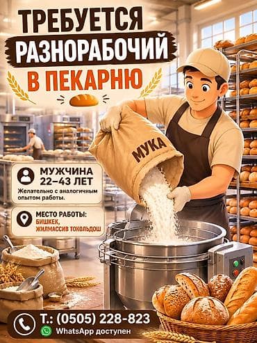 работа мучной цех: ТРЕБУЕТСЯ РАЗНОРАБОЧИЙ В ПЕКАРНЮ Мужчина 22–43 лет Желательно с — 1