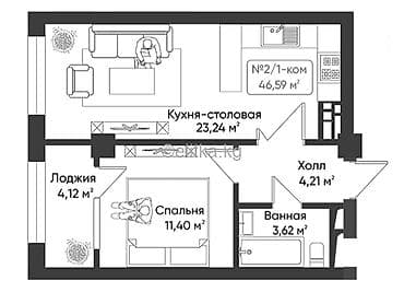 1 комната, 46 м², Элитка, 5 этаж, Готовая ПСО (под самоотделку)