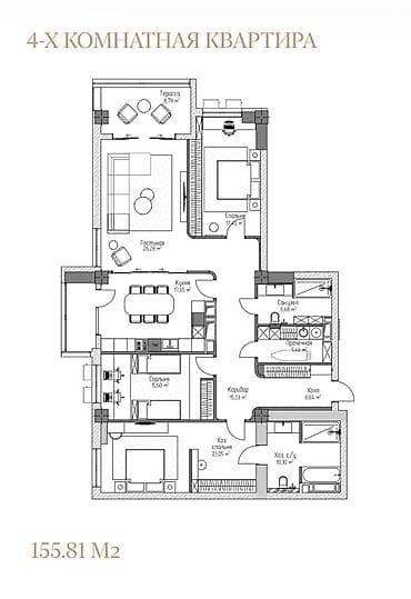 4: 4 комнаты, 156 м², Асанбай мкр Элитка, 4 этаж, ПСО (под самоотделку) — 3