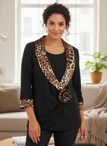 Блузка, Вечерняя, Трикотаж, Леопардовый принт, На запах