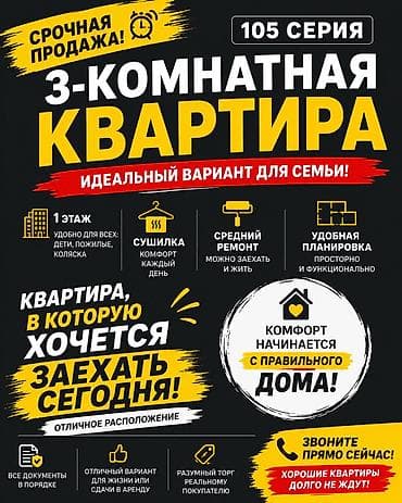 105: 3 комнаты, 79 м², Городское ГАИ 105 серия, 1 этаж, Косметический ремонт — 1