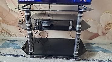 тумбочка и телевизор: Тумба и подставка для телевизора, Б/у, Напольная, Стекло, Самовывоз, цвет - Черный — 5