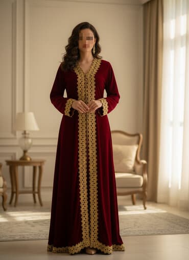 бордовое платье с кружевом: Вечернее восточное платье/абайя из бархата бордового цвета. - Длинный — 2