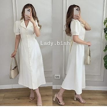 Элегантное белое миди‑платье в стиле рубашки. - Фасон: приталенный