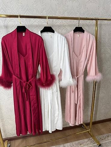 Комплект, Пеньюар, Атлас, С перьями