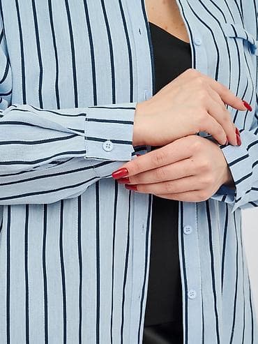 женские льняные рубашки: Рубашка, Классическая модель, Оверсайз, В полоску, Китай — 5