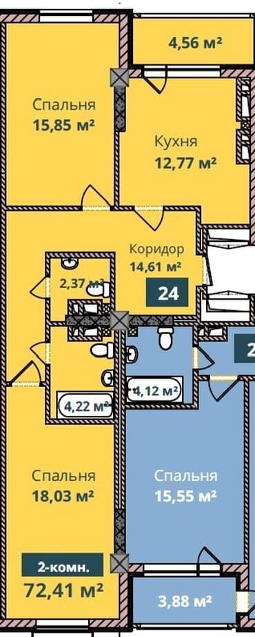 недостроенный дом: 2 комнаты, 72 м², Элитка, 7 этаж, ПСО (под самоотделку) — 3