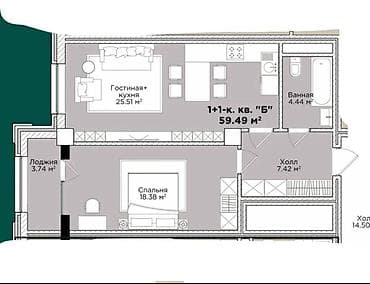 flat kant: 2 комнаты, 59 м², Элитка, 14 этаж, Готовая ПСО (под самоотделку) — 3