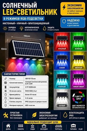 Солнечный LED‑светильник с RGB‑подсветкой (8 режимов) Основные