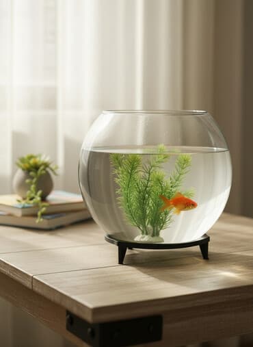 Круглый стеклянный аквариум в форме шара с подставкой и искусственными