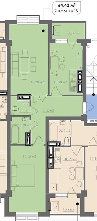 64: 2 комнаты, 64 м², Технопарк Элитка, 2 этаж, ПСО (под самоотделку) — 2