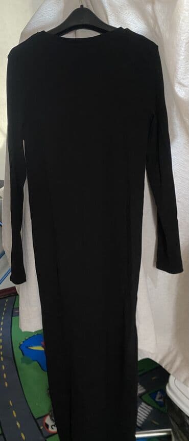 черное платье с кружевными рукавами: Повседневное платье, Длинная модель, Трикотаж, Прямое, L — 2