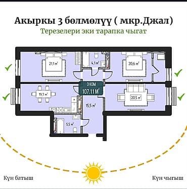 Батирлер: 3 бөлмө, 107 м², Жогорку Джал Элитка, 9 кабат, ПСО (өз алдынча бүтүрүү) — 2