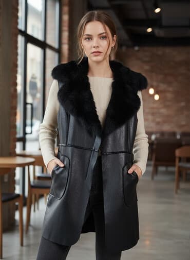 удлиненная: Женская кожаная удлиненная жилетка с натуральным мехом, размер M — 1