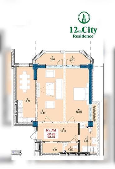 12 мкр: 2 комнаты, 92 м² — 1