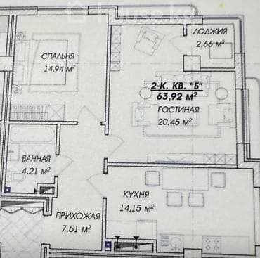 70: 2 комнаты, 64 м², Азия Молл Элитка, 10 этаж, ПСО (под самоотделку) — 3