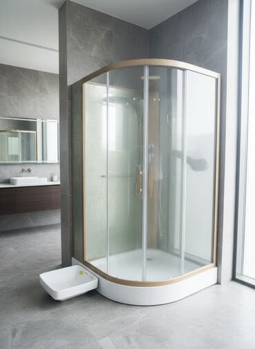 бу душ кабинка: Душ кабинасы Тегерек, Өлчөмү: 100 x 100 см, Поддондун бийиктиги: 215 см,Жабуусу: Тунук — 1