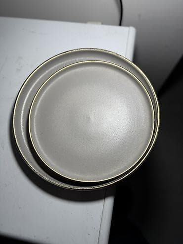 Идиш-аяк: Набор столовой и чайной посуды из керамики с матовой серо‑бежевой — 7