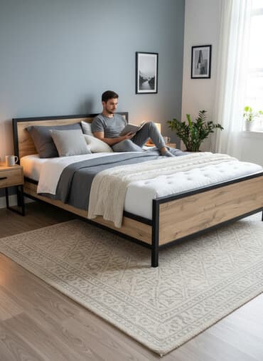 железный кравать: Кровать с прочным металлическим каркасом и изголовьем из — 1