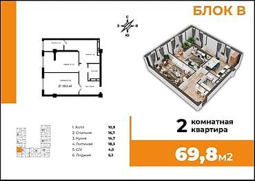 квартира ак ордо 2 комнат: 2 комнаты, 70 м², Элитка, 12 этаж, Готовая ПСО (под самоотделку) — 2