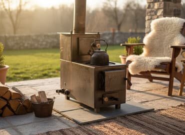 стеклянный шкаф для посуды: Металлическая печь сапок длительного горения с варочной поверхностью — 1