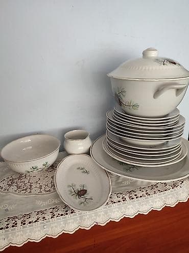 dinner table: Столовый сервиз из фарфора с хвойным узором (шишки и веточки). Состав — 1