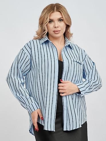 женские льняные рубашки: Рубашка, Классическая модель, Оверсайз, В полоску, Китай — 7