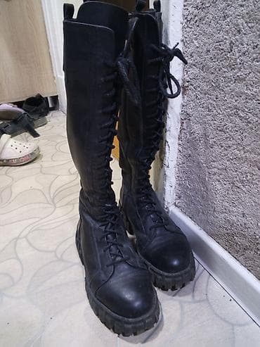 купить сапы: Высокие кожаные шнурованные сапоги (берцы) до колена - Цвет: черный - — 1