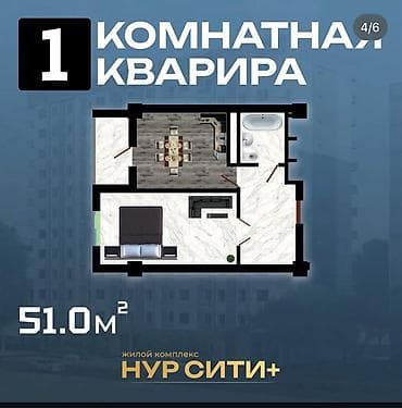 Кыймылсыз мүлк: 1 бөлмө, 52 м², Элитка, 4 кабат, Даяр ПСО (өзү оңдоп түзөтүп бүтүү үчүн) — 7