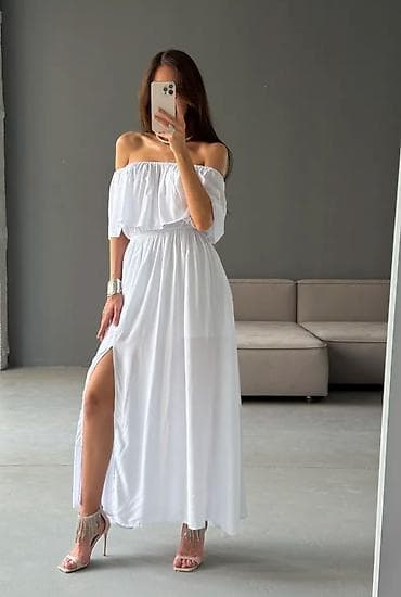 Жеке буюмдар: Элегантное женское макси-платье желтого и белого цвета, выполненное из — 1