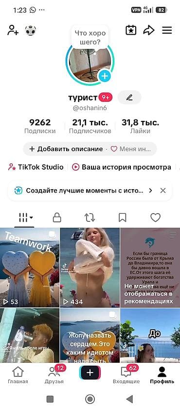 печать: Аккаунт TikTok - Ник: @oshanin6 (имя профиля: «турист») - Аудитория — 1
