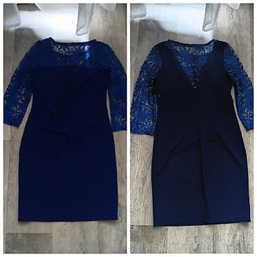 открытый: Платье-футляр насыщенного темно-синего цвета с кружевными акцентами — 1
