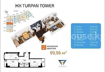 turpan: 2 комнаты, 100 м², Элитка, 7 этаж, Готовая ПСО (под самоотделку) — 1