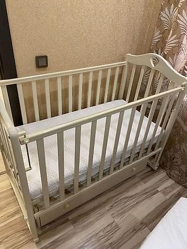 матрас эки кишилик: Детская кроватка-манеж из массива дерева, цвет белый/молочный — 2