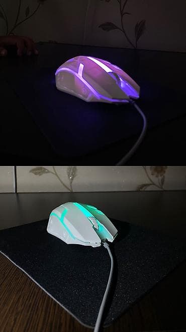 каврик: Проводная игровая мышь, белая, с RGB‑подсветкой. коврик в подарок — 1