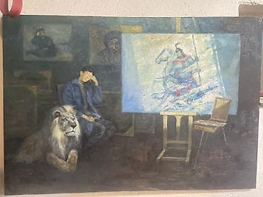 спальный б у: Картина маслом на холсте: интерьер мастерской с художником и — 3