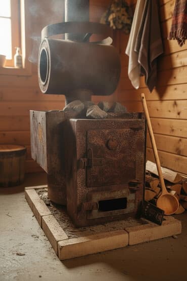 Банная печь из толстостенной стали с выносной топкой и дымоходом