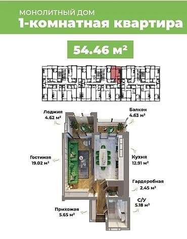 1 комната, 55 м², Элитка, 16 этаж, ПСО (под самоотделку) — 2