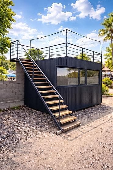 Модульное здание с эксплуатируемой кровлей и наружной лестницей для