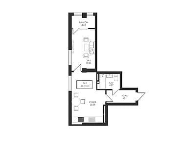 1 комната, 46 м², Аламедин-1 мкр Элитка, 2 этаж, ПСО (под самоотделку) — 2
