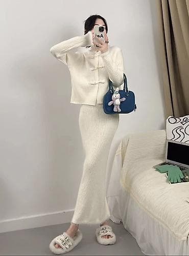 трикотажные тройки: Костюм с юбкой, Модель юбки: Прямая, Миди, Кофта, Стандарт — 4