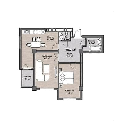 амир: 2 комнаты, 70 м², 10 этаж, Готовая ПСО (под самоотделку) — 2