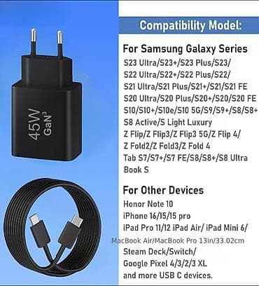 Зарядное устройство 45W GaN3 + кабель USB‑C — USB‑C Характеристики: -