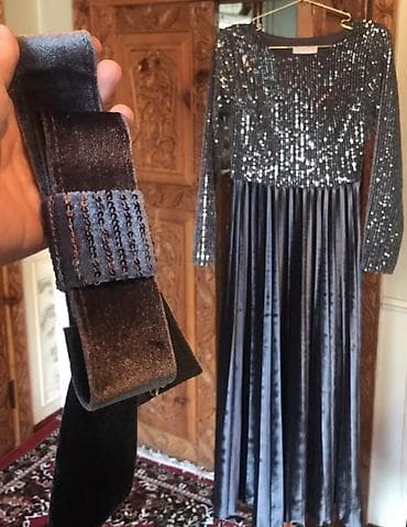 вечерний наряд: Вечернее длинное платье с поясом, графитово-серого оттенка. - Верх — 1