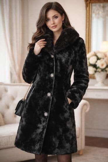 Шуба с капюшоном из натурального меха (овчина), капюшон норка, чёрный
