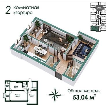 2 комнаты, 53 м², 4 этаж, Косметический ремонт — 7