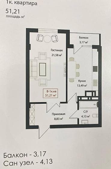 аманат сити: 1 комната, 51 м², Элитка, 5 этаж, Готовая ПСО (под самоотделку) — 3