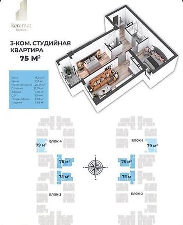 Недвижимость: 2 комнаты, 75 м², Элитка, 7 этаж, ПСО (под самоотделку) — 3